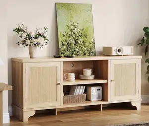Wood Rattan TV Stand Console Table for 65'' TV, Boho Entertainment Center w/ Cabinets & Open Shelves for Living Room,Natural Oak,