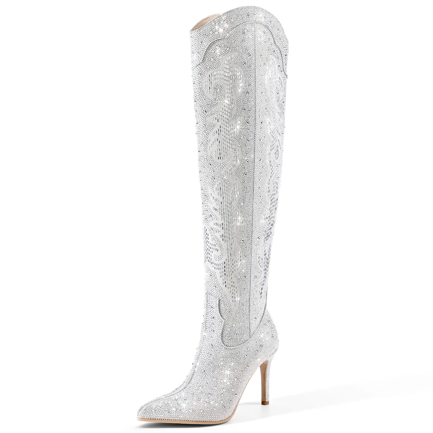 LOCERICH Women's Sparkly Rhinestone Cowboy Boots, Synthetic Pointed Toe Stiletto Heels for Party & Concerts, High Heel, Casual, Knee-Length, Shoe, Footwear, Elegant, All Seasons, Rubber Sole, Evening, Fashion, Rhinestones, Rubber（Tpe, Tpr, Etc.）, Wedding