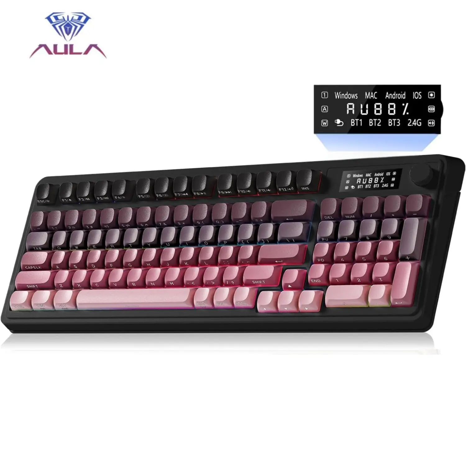 AULA S99 Pro Keyboard, Wireless Keyboards with Media Knob Custom RGB Backlit, 3-Modes BT/2.4G/USB-C Membrane Gaming Creamy Keyboard for Windows/MAC/PC Gamer - Black Pink