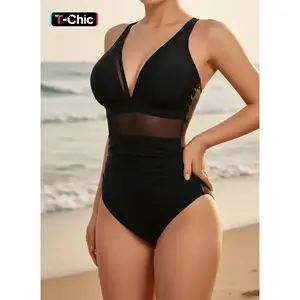 New Solid Color V Neck Mesh Patchwork Crinkle One Piece Bikini, Ruched Swim Suits, Casual Summer Swimwear, Thin Fabric, Fitted Style