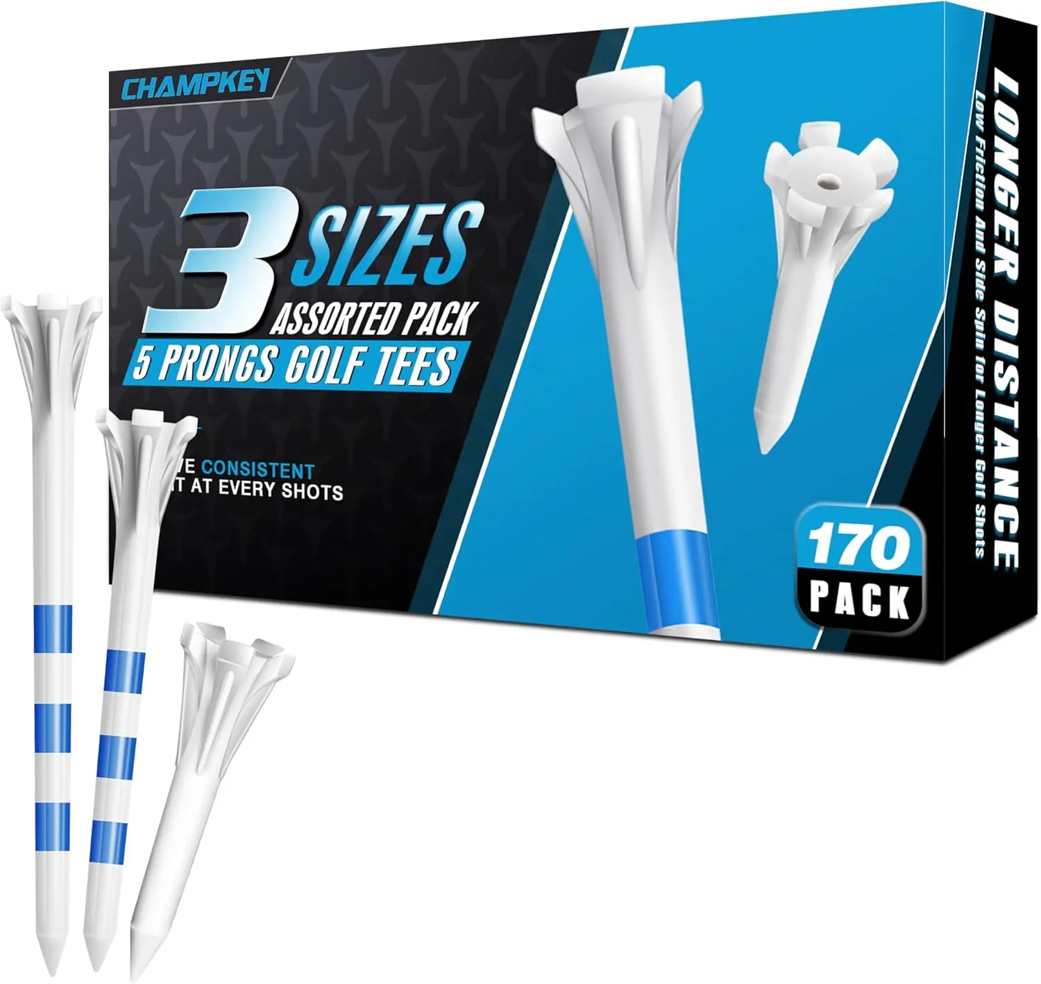 Professional 170 Pack 5-Prong Plastic Golf Tees 3 Sizes Assorted Pack - 100 Pcs 3-1/4" with 40 Pcs 2-3/4" and 30Pcs 1-1/2" Golf Tees Plastic