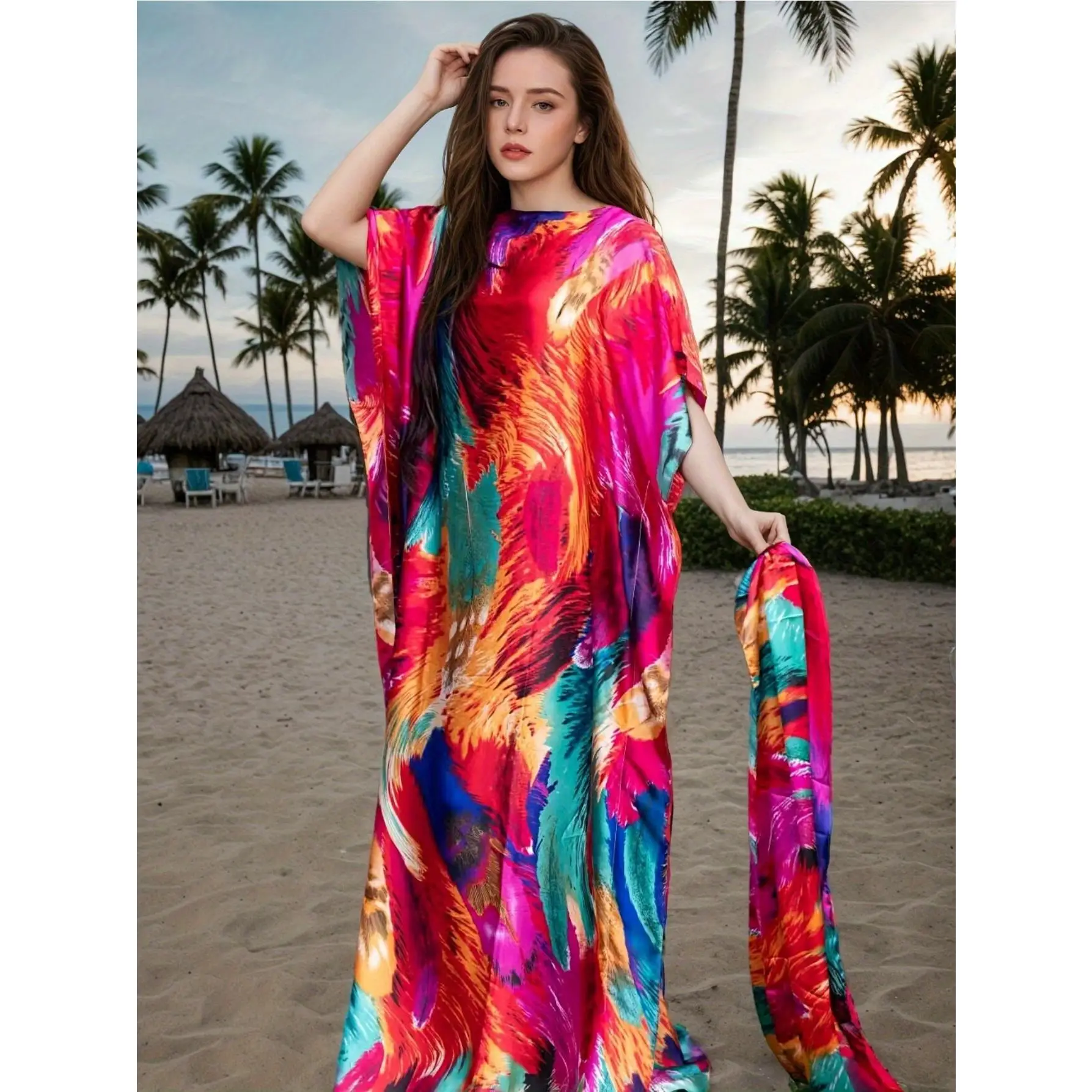Vibrant Bohemian Beach Gown Dress, Abstract Print, with Headscarf, Suitable for Vacation And Summer.