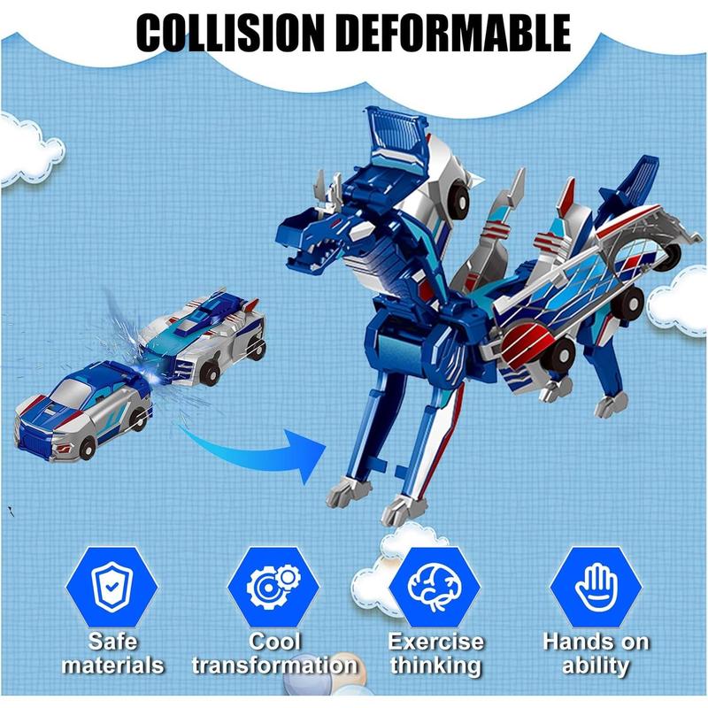 Transforming Dinosaur Toys, 2 in 1 Magnetic Cars Collision Transform into Dino Toys, for Boys Girls Toy Age 2-12, Christmas Birthday Gift(Blue Dragon)
