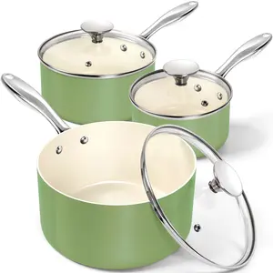 MICHELANGELO Non Stick Sauce Pan with Lid Set, Set  Small  Green Pots for Cooking, Ceramic Saucepan - Non-Toxic, Scratch-Resistant Cookware