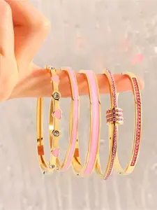 5-piece set of pink minimalist stainless steel bracelet - lightweight bracelet, fashionable daily wear bracelet, casual date jewelry, perfect gift, Fashionable Bangle