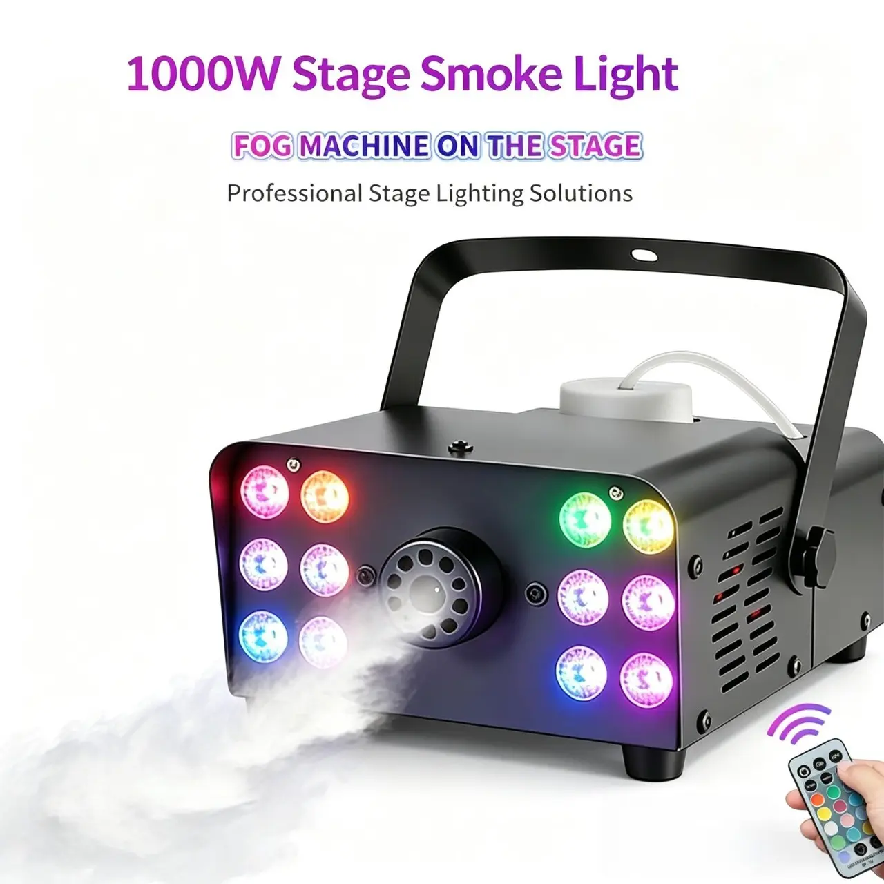 1000W Multifunction RGB Colors Stage Fog Machine with 12 LEDs, Strobe Effect, Wireless Remote Control, Spray Function - Modern Metallic Atmosphere Light, Colorful LED Lighted Novelty Lighting for Wedding, Halloween