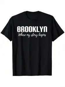 Plus-Size Women'S T-Shirt Available in Sizes 0XL to 5XL Featuring a Casual Oversized Design with Short Sleeves And a Round Neck. It Showcases a Print of The Brooklyn New York Bridge Along with The Phrase 'My Story Begins in Brooklyn' in White Lette