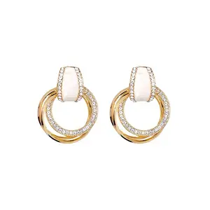 Women's Flash & Finesse Diamond-Inlaid Needle Geometric Circle Drop Earrings - Elegant Korean Simple Stylish Statement Spring-Wear Accessory, Festival Gift Earring for Women