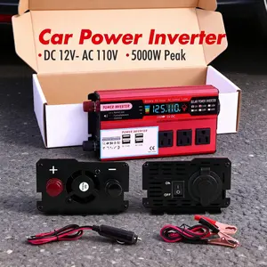 Portable 5000W Peak Car Power Inverter DC 12V to AC 110V Power Converter for Car Truck RV Boat 3 AC Power Outlets 4 USB Fast Charging Ports Advanced Safety Protection LCD Screen Compact Design for Outdoor Camping Emergency Backup Power Supply