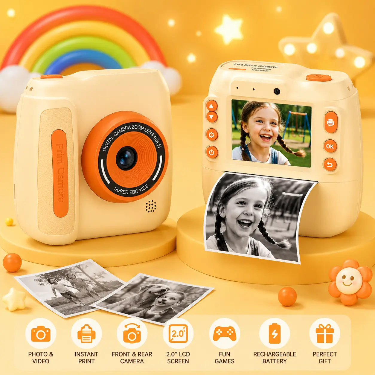 Kids Instant Print Digital Camera with 8GB SD Card Slot, 26MP Photos, 2.4" HD IPS Dual Lens, Built-in Li-ion Battery, Print Function, Selfie & Video Toy, Birthday Gift for Children