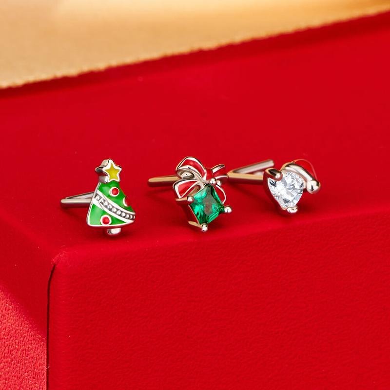 Oufer  Christmas3PCS 20G Christmas L-shaped Nose Piercing Ring Set with Santa Boots Tree Cubic Zirconia for Festive Holiday Wear