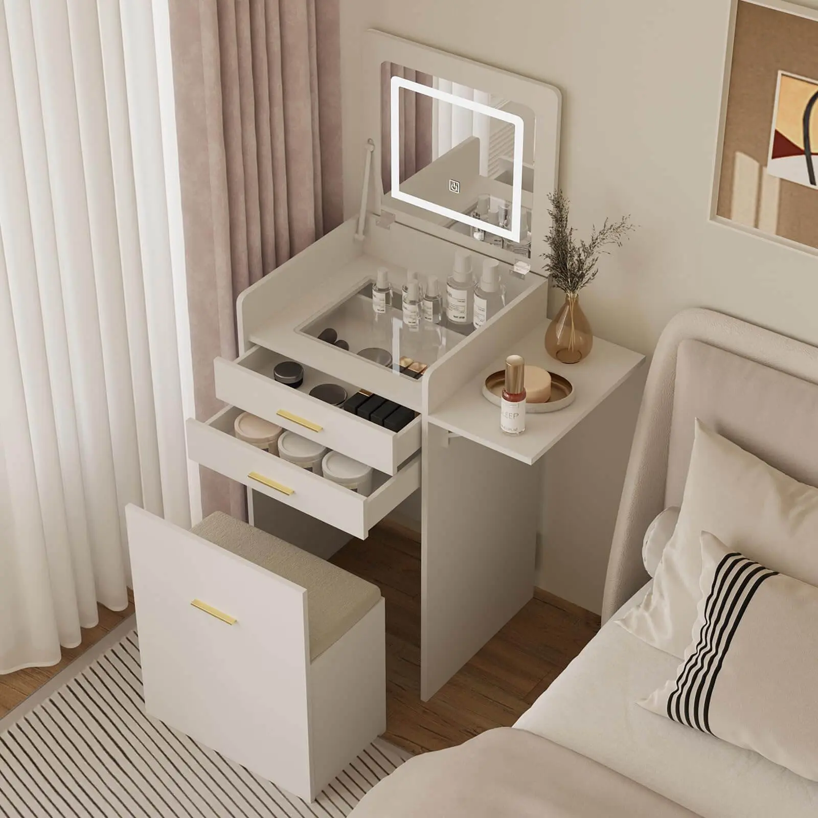 Small Vanity Desk Set with Flip-top Mirror and Lights White Integrated 3 in 1 Makeup Vanity Set for Compact Space Mini Dressing Table with Fold-up Panel and Storage Chair for Bedroom IF120