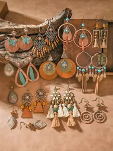 3pairs/6pairs New Boho Style Butterfly Geometric Alloy Wooden Drop Earrings Set, Handmade Fashion Vintage Jewelry for Women, Ideal Gift