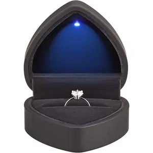 Heart Shaped Ring Gift Box with LED Light, Velvet Earrings Jewelry Case with Light, Jewellry Display Box for Wedding, Engagement, Proposal, Birthday and Anniversary (Black) Organiser Baking