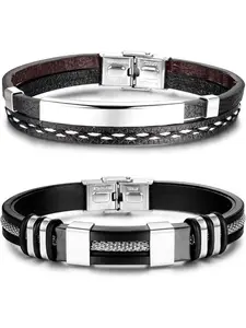 2pcs Men's black leather bracelet Stainless Steel Bracelet Father's Day Gift New Dad Men's Gifts