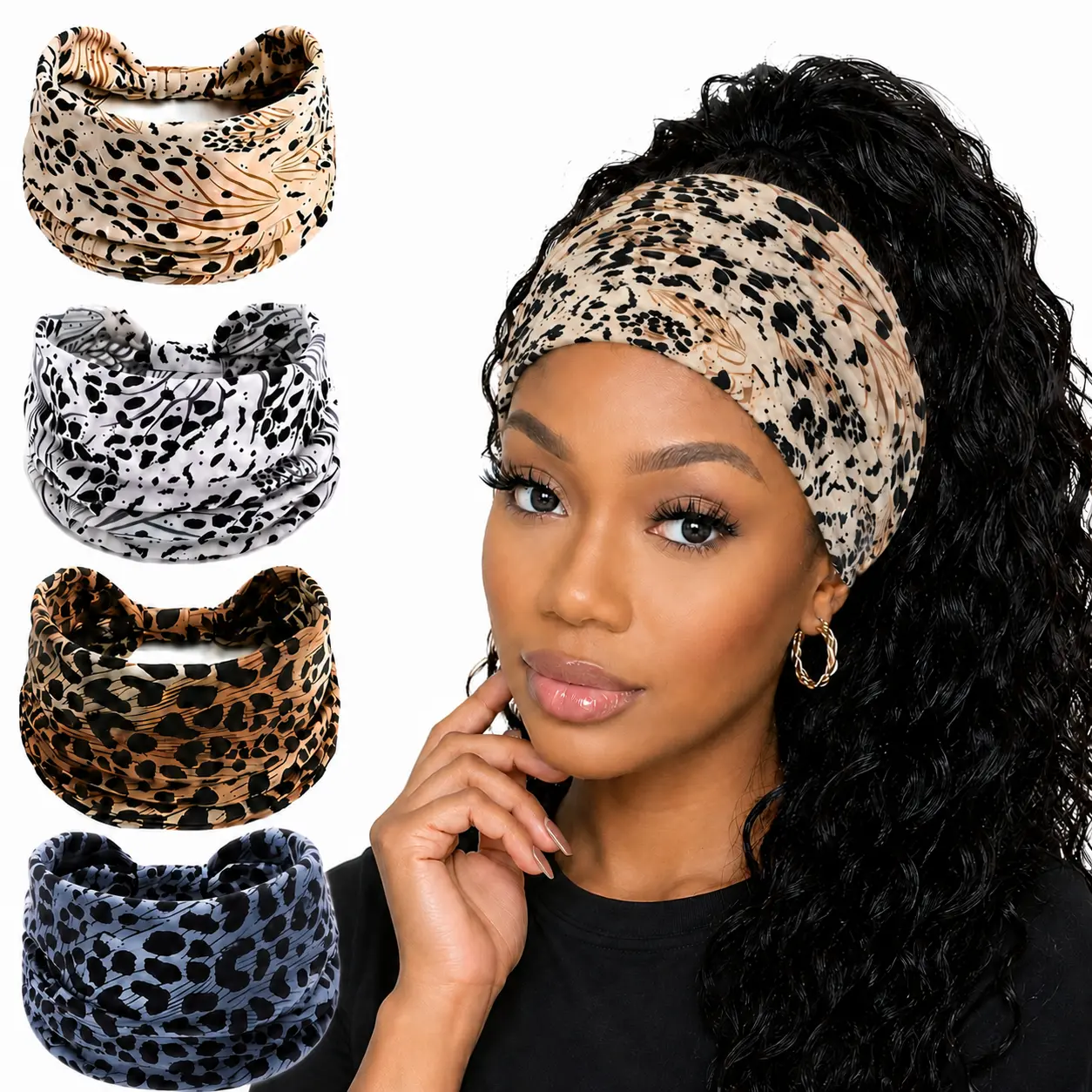 4PCS Leopard Print Wide Headbands for Women – Stretchy Boho Hair Bands for Workout, Makeup, Daily Wear & Outfit Styling, Ethnic Pattern Hair Accessories Set Stretch Turban