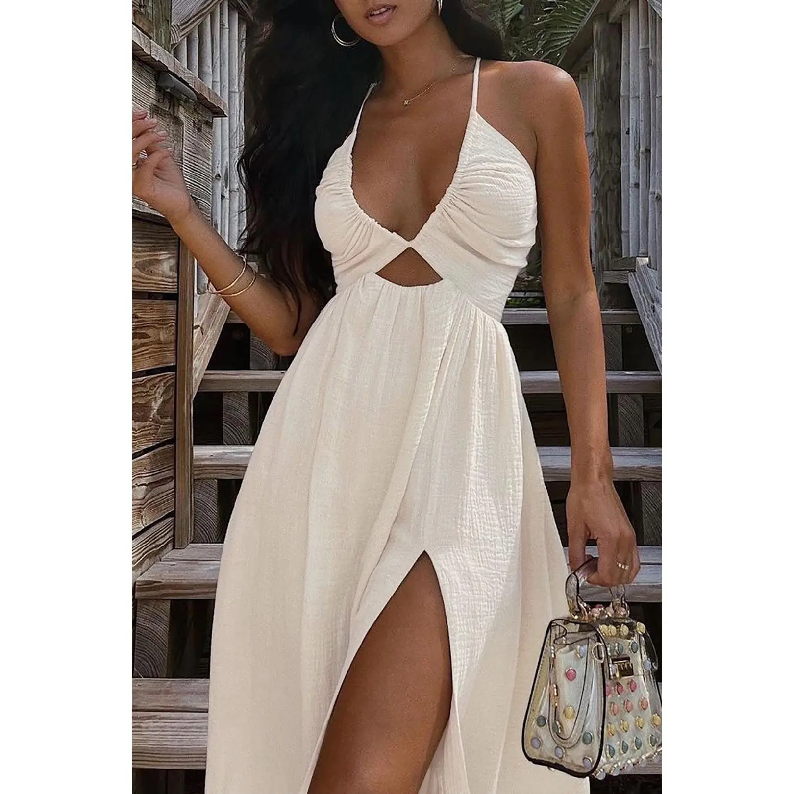 Backless V-neck Slit Midi Dress