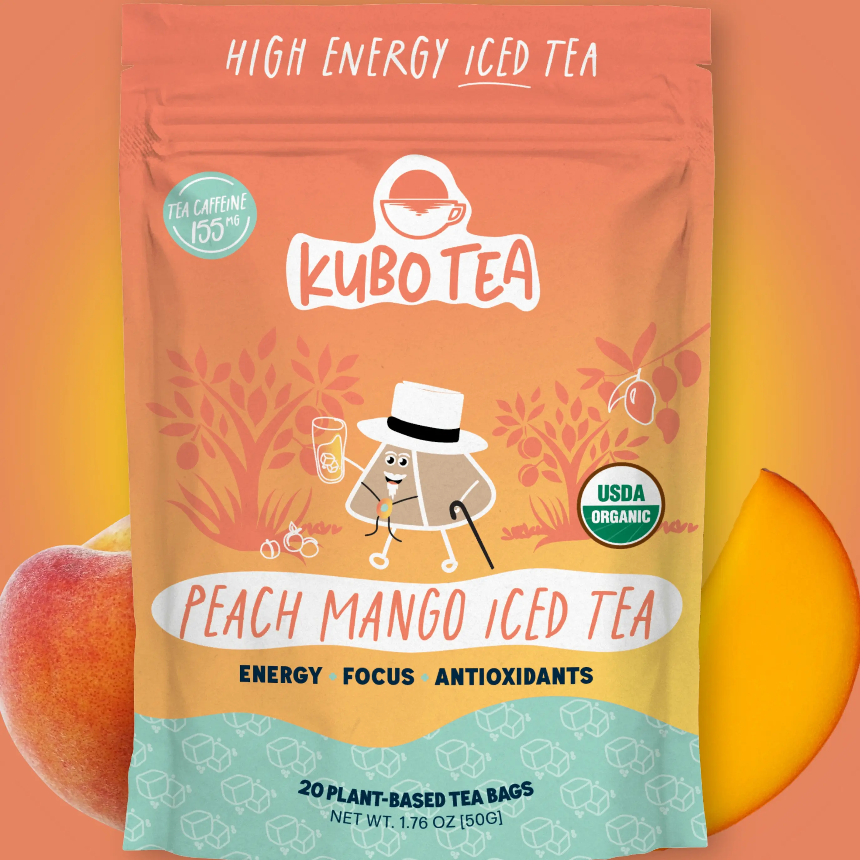 Kubo Tea: Organic Peach Mango Iced Tea | High Caffeine Tea (140 mg) | Refreshing Energy | Naturally Sweet Iced Tea Beverage | 20 Ct | Compostable Packaging