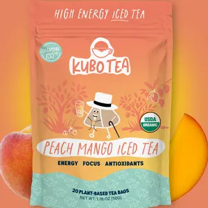 Kubo Tea: Organic Peach Mango Iced Tea | High Caffeine Tea (140 mg) | Refreshing Energy | Naturally Sweet Iced Tea Beverage | 20 Ct | Compostable Packaging