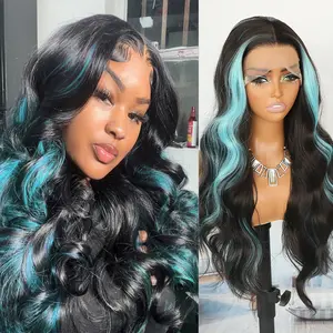 QD-Tizer Blue and Black Color Synthetic Lace Front Wigs Body Wave Long Wavy Blue Highlights Color Hair 13x4 Gluless Pre Plucked Heat Resistant Fiber Hair Wig 26 inches
