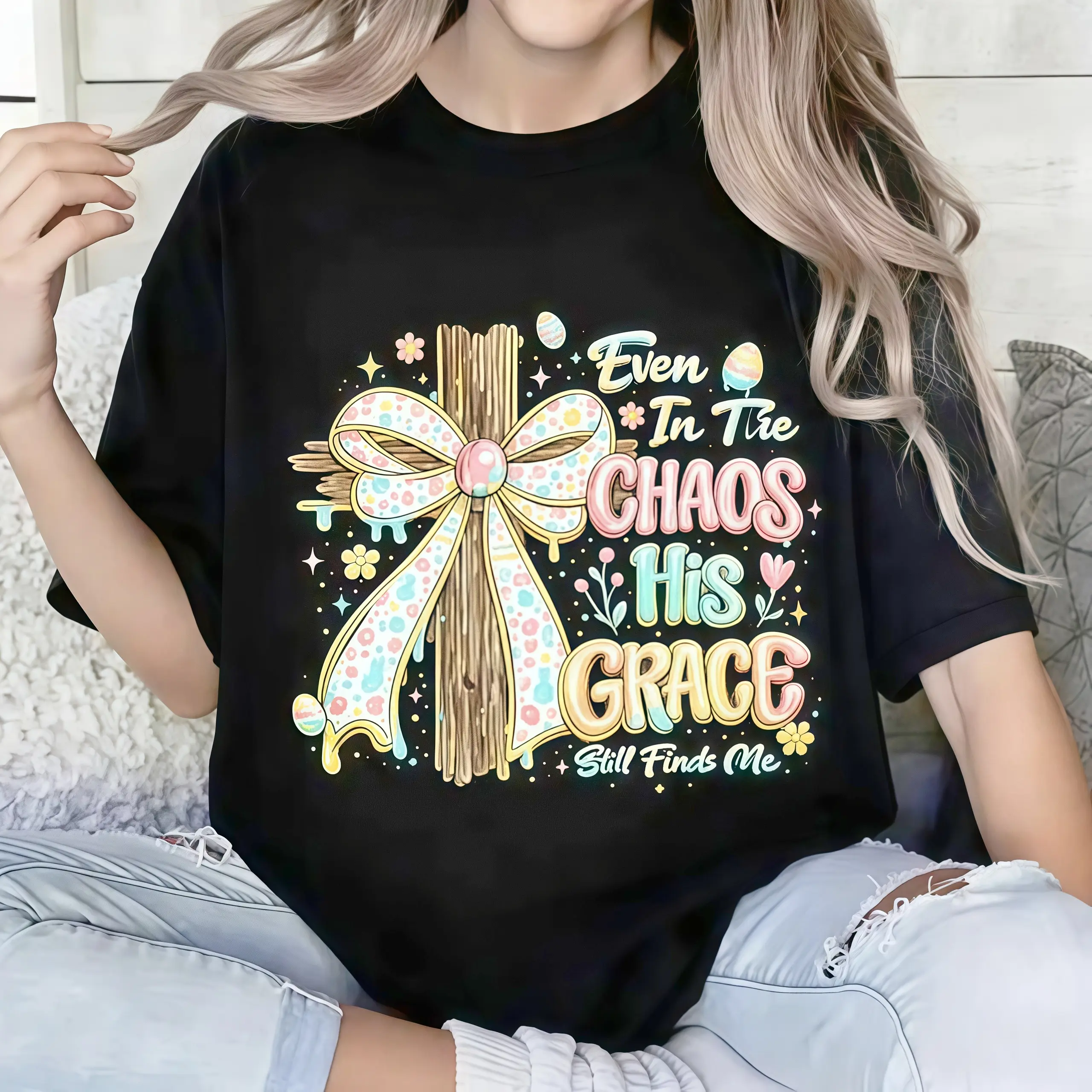 pure cotton Women's Black T-Shirt With Easter Bow And Wooden Cross Design Even In The Chaos His Grace Still Finds Me Christian Quote For Spring And Easter Season
