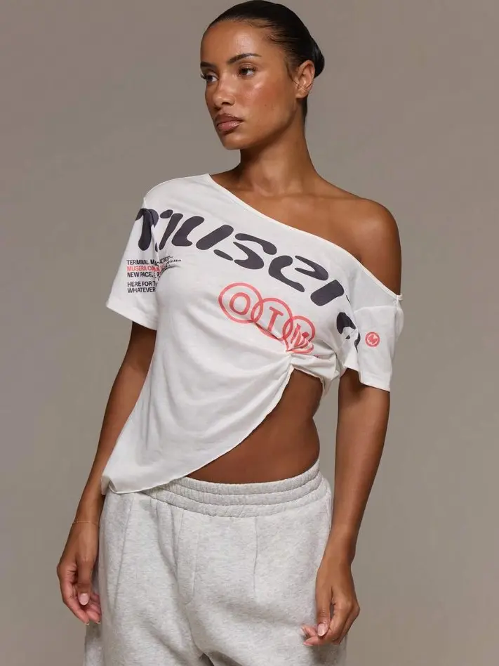 YESS Off The Shoulder Graphic Printed Cinched Ruched Side Triangle Hem Tshirt Tee Cute Everyday Daily Lounge Airport Holidays Vacation Summer Altitude