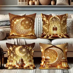 4-Piece Crescent Lantern Tea Pot Pattern Ramadan Decoration Pillow Covers, 45x45cm, Short Plush Material, Hidden Zipper, Indoor Outdoor Use