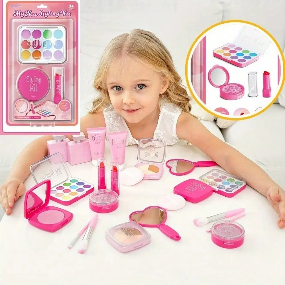 1pc Girls' Mess-Free Simulation Fake Makeup Kit - Safe Plastic Non-Toy Non-Smudge Cosmetic Box, Indoor Pretend Play Leisure Game Accessory for Girls, Girls' Set, Simulation Look