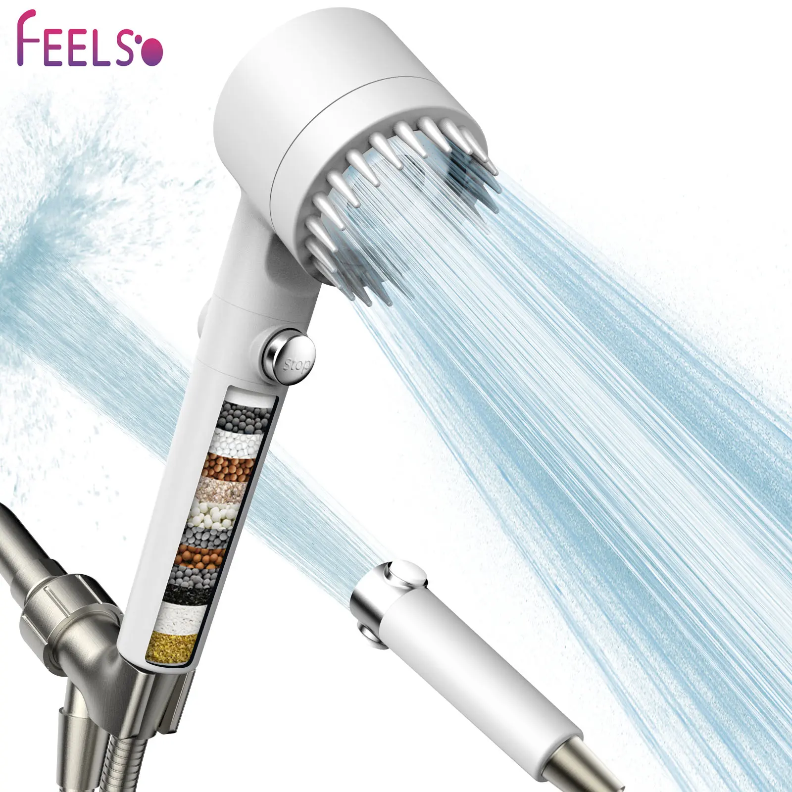 FEELSO Filtered Massage Shower Head, Multi-Function Handheld Shower with Multiple Spray Modes, Detachable Design, ON/OFF Switch, Multi-Function Handheld Showers
