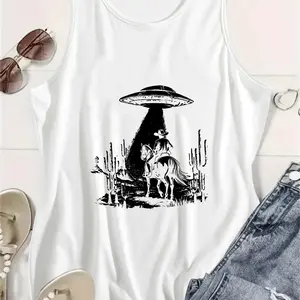 Women's Sleeveless Soft Fabric Casual Retro Western UFO Cowboy Print Tank Top,summervibes Black Man