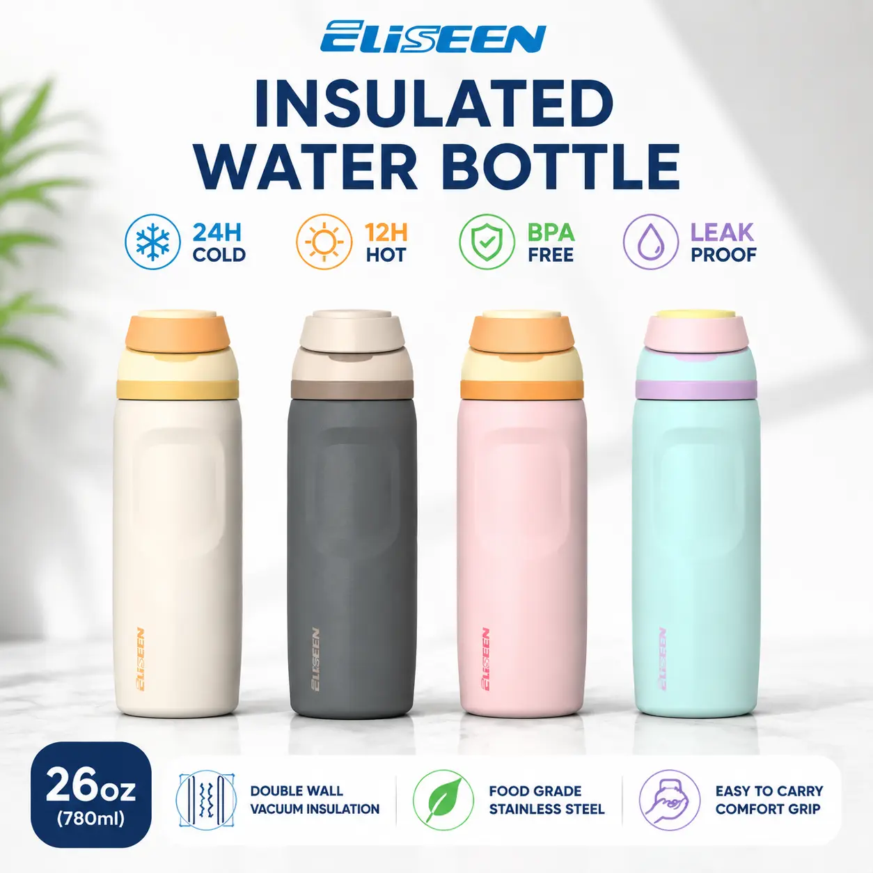 【Eliseen】 26oz Insulated Water Bottle, Available in Multiple Colors, Dual Drinking Spouts, Made of Stainless Steel, with Pop-Up Straw, Machine Washable, and with Handle