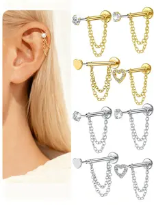 Stainless Steel Cubic Zirconia Earrings 20g Push-Back Heart-Shaped Studs, Dual Chain Design, Versatile Earrings, Unisex Ear Piercing Jewelry Gift