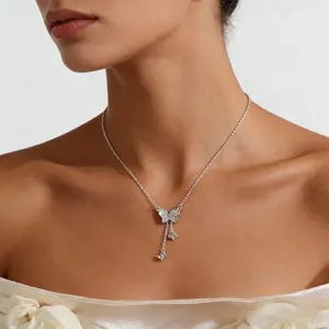 925 Sterling Silver Butterfly Pendant Necklace for Women, Cubic Zirconia Tassel Design, Hypoallergenic, Daily & Vacation Wear