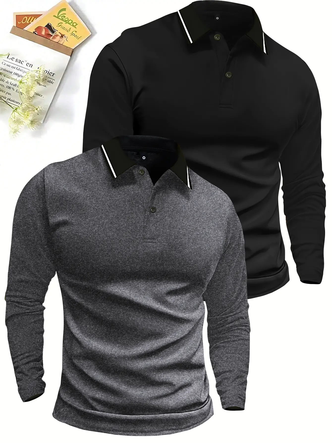 Two-piece set long sleeve polo shirt with collar T-shirt spring and autumn simple retro casual men's daily outdoor sports lightweight business outdoor running top