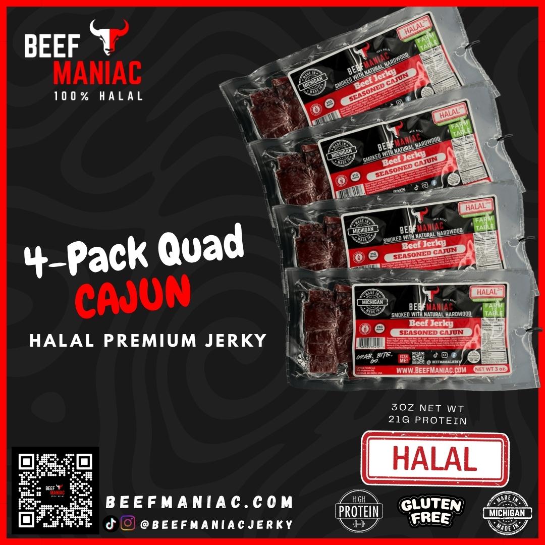 Halal Beef Jerky 4-Pack Quad Cajun by Beef Maniac | Natural Hardwood Smoked Premium Jerky Made in Michigan
