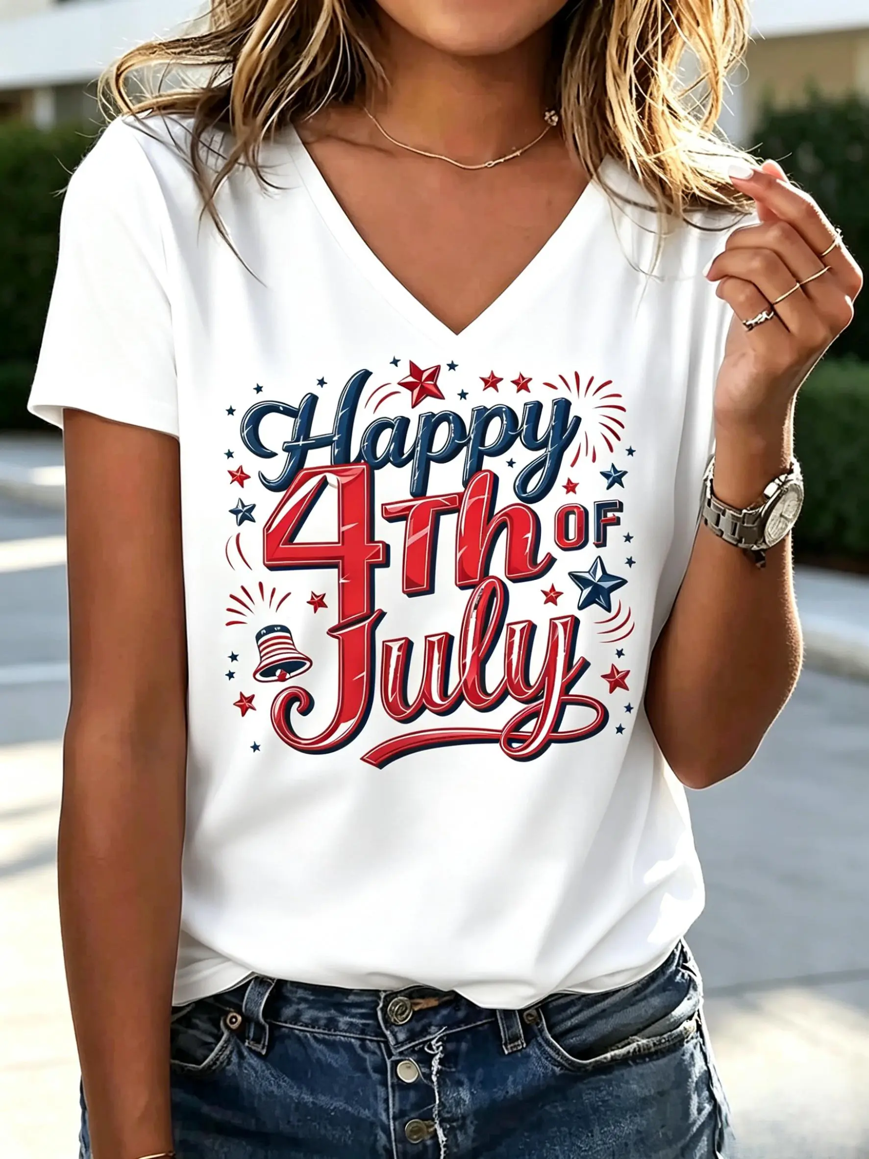 Women's Red White & Blue Flag Print V-Neck Short Sleeve T-Shirt - Soft, Comfortable, Machine Washable, 4 of July Outfit, Spring/Summer Casual Top for Daily Wear & Gifting Womenswear Vneck women us a festive