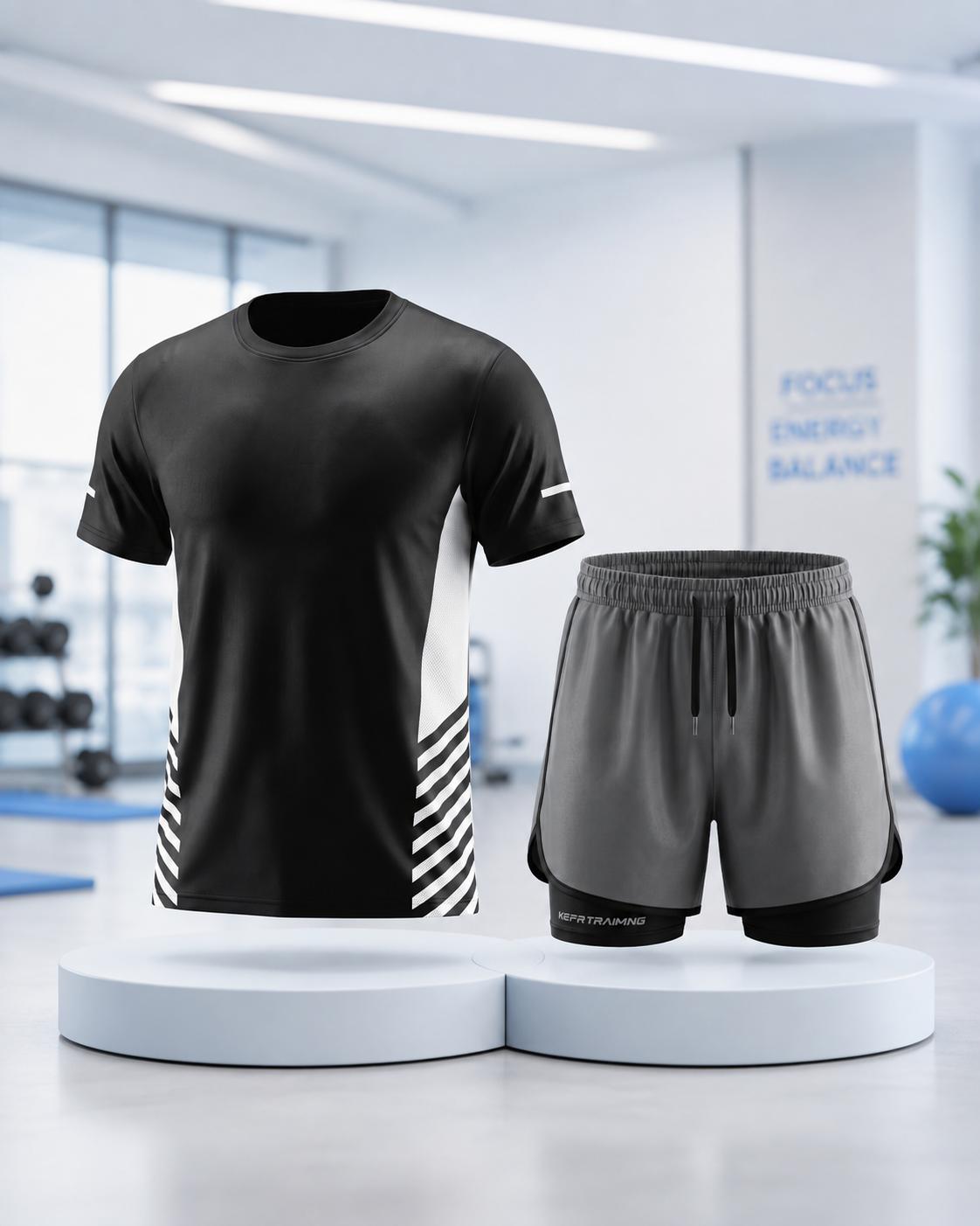 Men's 2-Piece Polyester Plain Workout Set - Quick Dry Gym T-Shirt, 2-in-1 Athletic Shorts with Liner & Phone Pocket for Running, Training