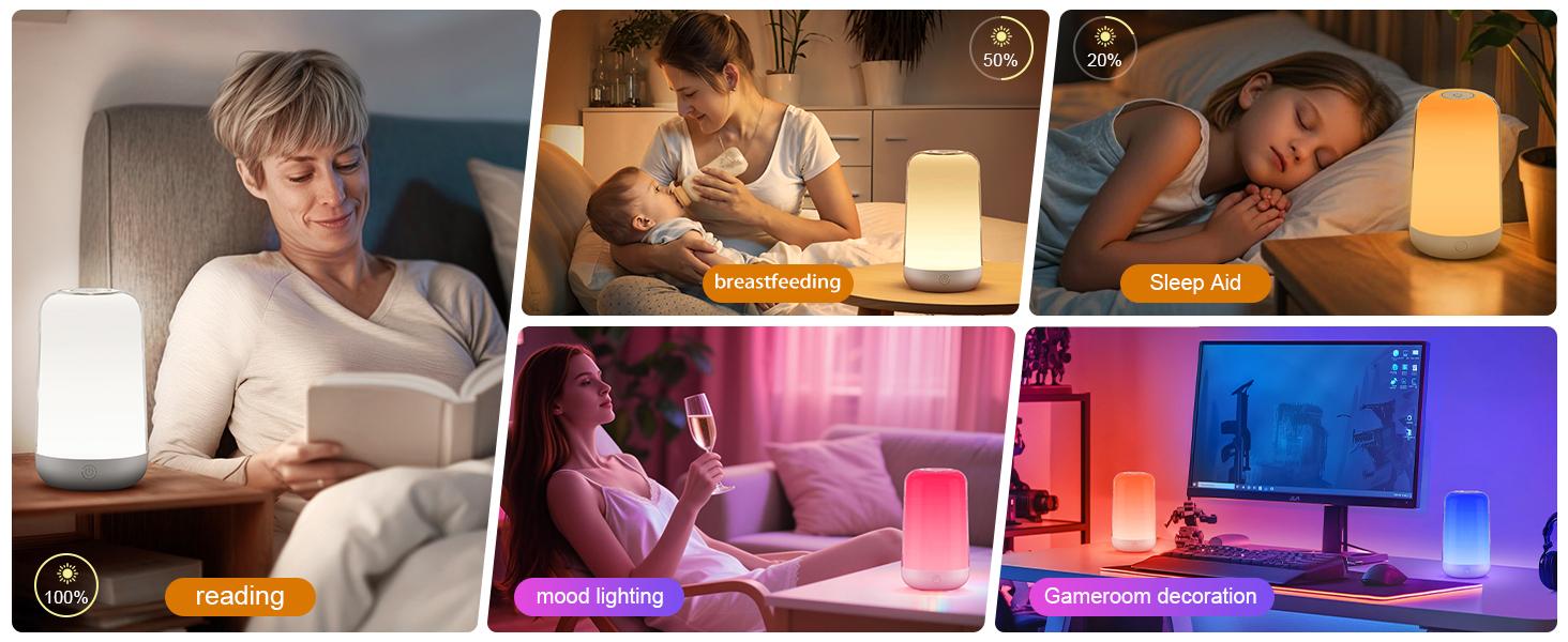 FRIDEKO HOME RGB Touch Bedside Lamp for Nightstand 4 Dynamic  White Tones Dimmable Mood Lighting 18-Hour Battery USB-C Charging Bedroom Living Room Nursery Kids Adult