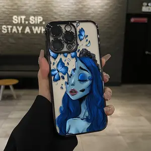 Blue butterfly girl pattern Mobile Phone Case Camera Lens Protection for iPhone17 Pro Max Plus Air/ 15 16 14 Promax 13 12 11 XR XS Plus Shockproof Non-slip Silicone Transparent Acrylic Large Hole Mobile Phone Protective Film