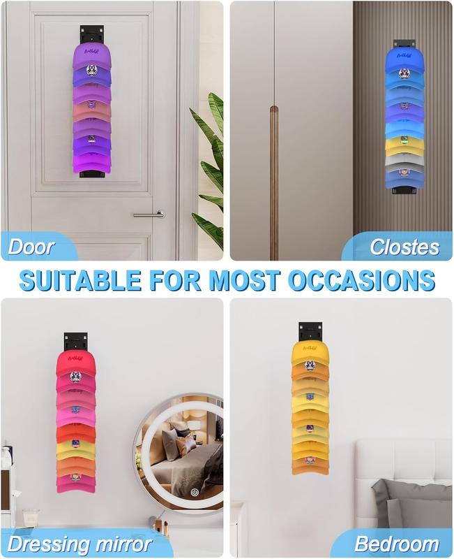 2  Pack Hat Organizer Wall Mounted Adhesive Cap Rack Holds 18 Hats for Closet Door Bedroom Black or White