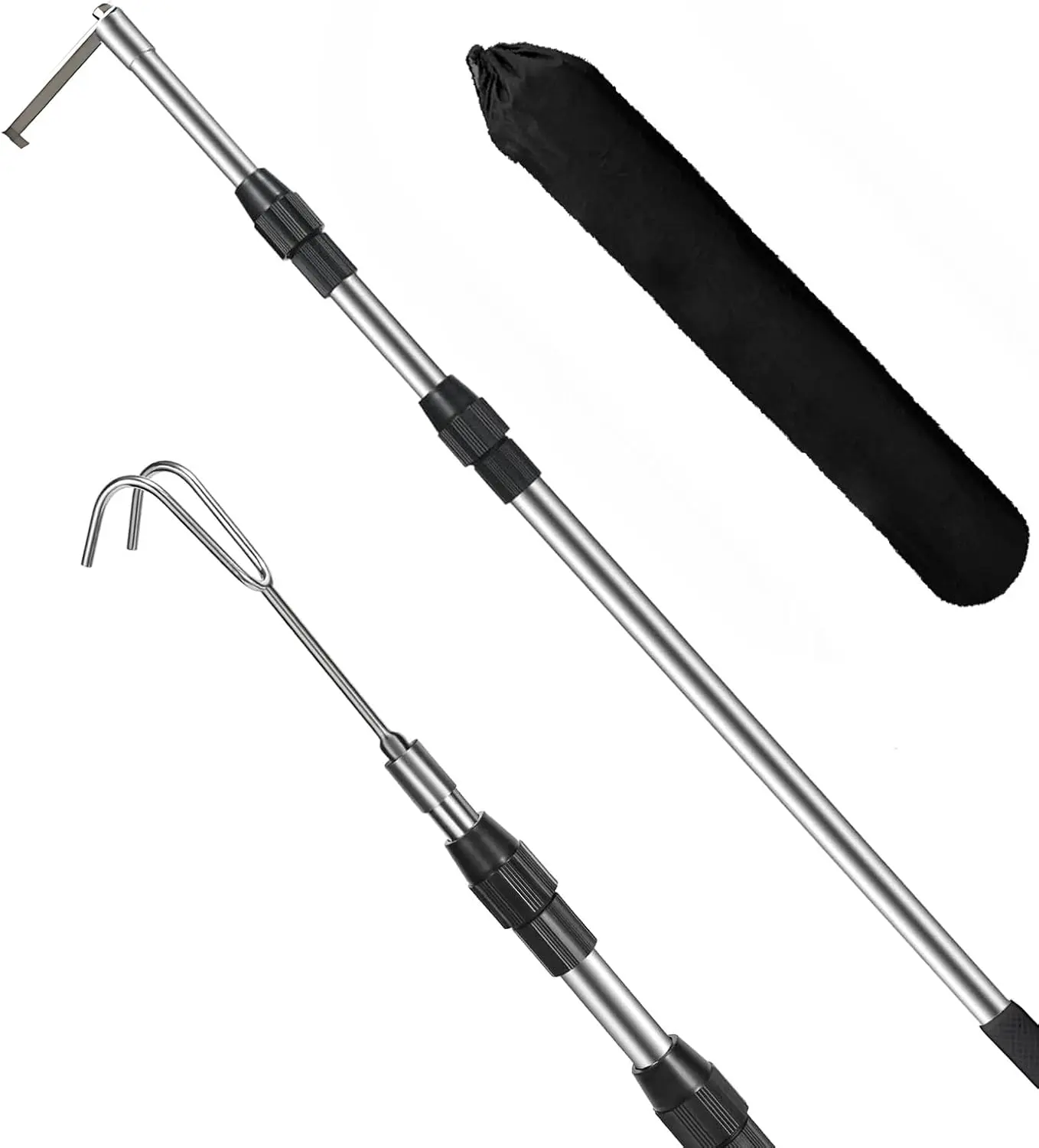 6.5Ft Truck Bed Cargo Retriever, Heavy Duty Pickup Cargo Grabber Reach Pole with Storage Bag, Telescoping Truck Bed Grabber Pole with 2-Style Hooks, Black