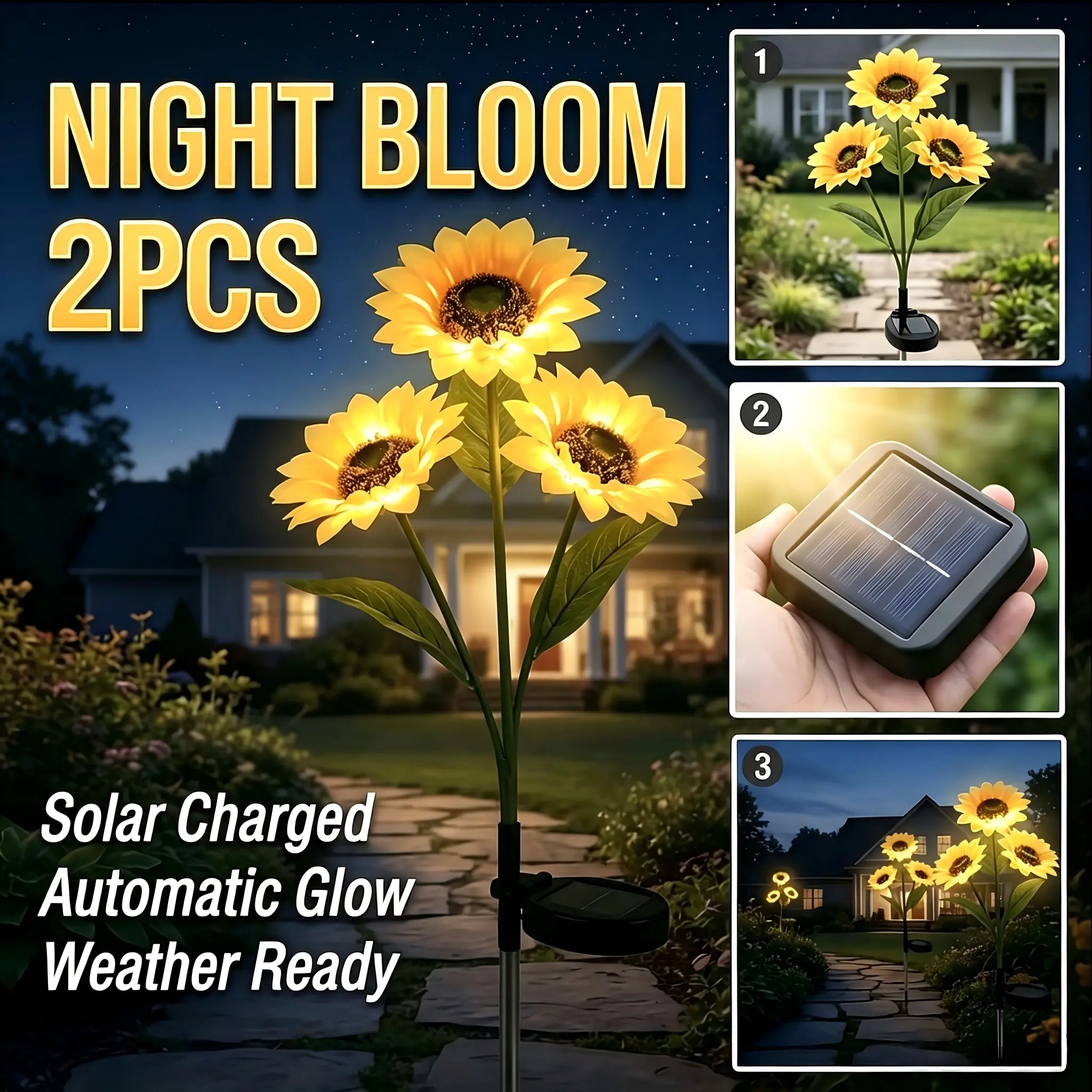 Solar Outdoor Garden Stake Lights - LED Natural Theme Sunflower Design, 2/4/6 Packs, 14cm Large Head, 68cm Tall, IP65 Waterproof, Stake-Mounted Decor for Lawn/Patio, Rechargeable Camping/Lantern Use