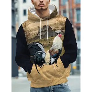 Men'S Casual Rooster Print Hoodie - Cozy Winter Thickened Warm Pullover with Drawstring Pocket, Large Loose Long-Sleeved Design, Polyester Blend, Perfect for Cold Weather Comfort, Wear | Creative Design Fabric