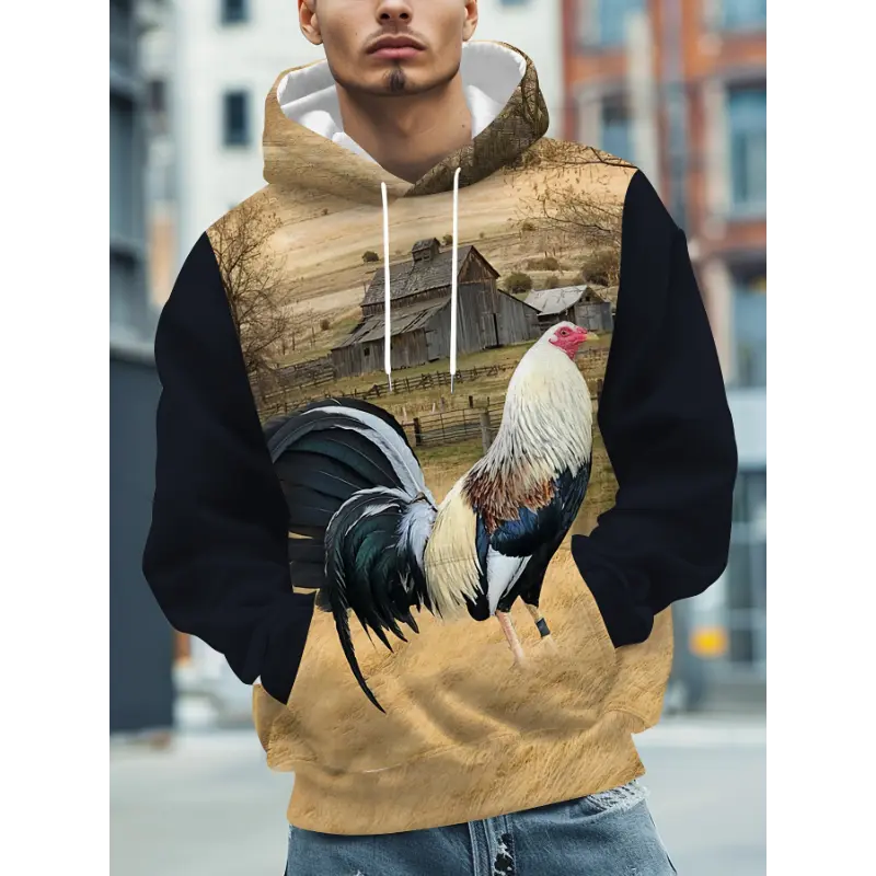 Men'S Casual Rooster Print Hoodie - Cozy Winter Thickened Warm Pullover with Drawstring Pocket, Large Loose Long-Sleeved Design, Polyester Blend, Perfect for Cold Weather Comfort, Wear | Creative Design Fabric