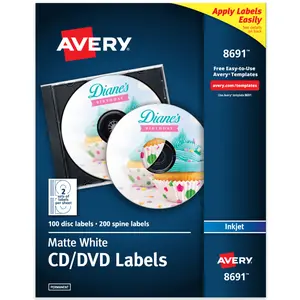 Avery Printable CD Labels, Matte White, Permanent Adhesive, Inkjet Printer Compatible, 100 Disc & 200 Spine Labels (8691)