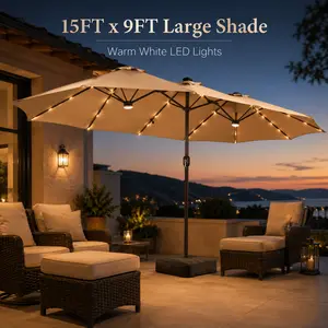 POUUIN 15FT x 9FT Double-Sided Adjustable Patio Canopy Umbrella with Warm Solar LED Lights, Included Base & Sandbags, Large Shade for Backyard Dining, Patio Nights, Adjustable Canopy