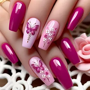 Medium-Length Nail Art Set, 24-Piece Simple Elegance Floral Butterfly Design Flower Nails, Glossy Finish, Detachable False Nails for Women