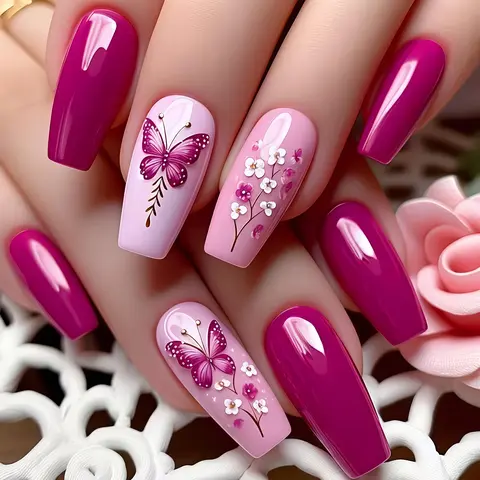 Medium-Length Nail Art Set, 24-Piece Simple Elegance Floral Butterfly Design Flower Nails, Decorative Nails, Glossy Finish, Glossy Fake Nails, Detachable False Nails for Women