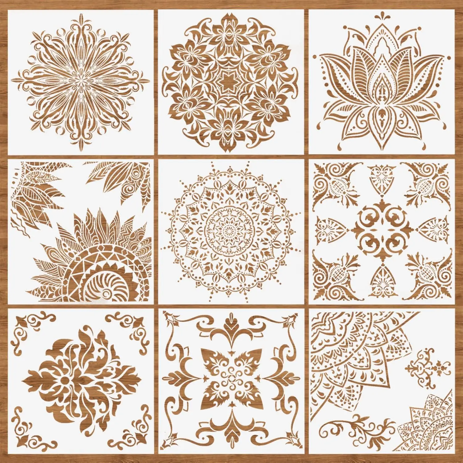 9 Pcs 12x12 In Reusable Mandala Stencils, PET Material Crafting Templates with Smooth Edges & 9 Patterns, Washable for Wood, Rock, Fabric, DIY Scrapbooking & Stamping Projects, Reusable Washable