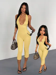 Women's Sexy Deep V Halter One-Piece Pants, Slim Fit Seven-Quarter Pants, Backless Strap Tight Body Suit, Night Club Party Street Style
